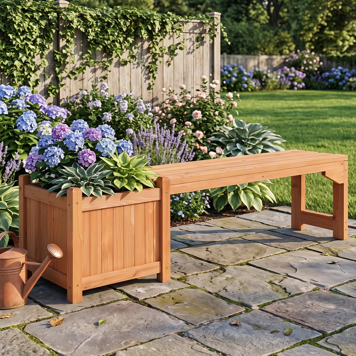 Outdoor Garden Bench with Raised Planter Box - Fir Wood