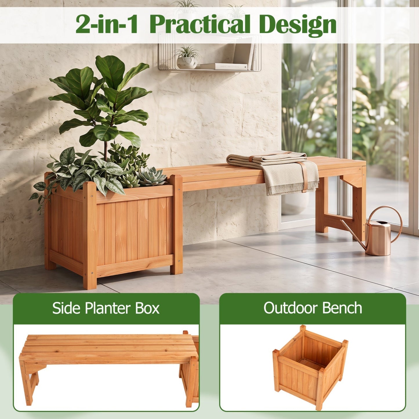 Outdoor Garden Bench with Raised Planter Box - Fir Wood