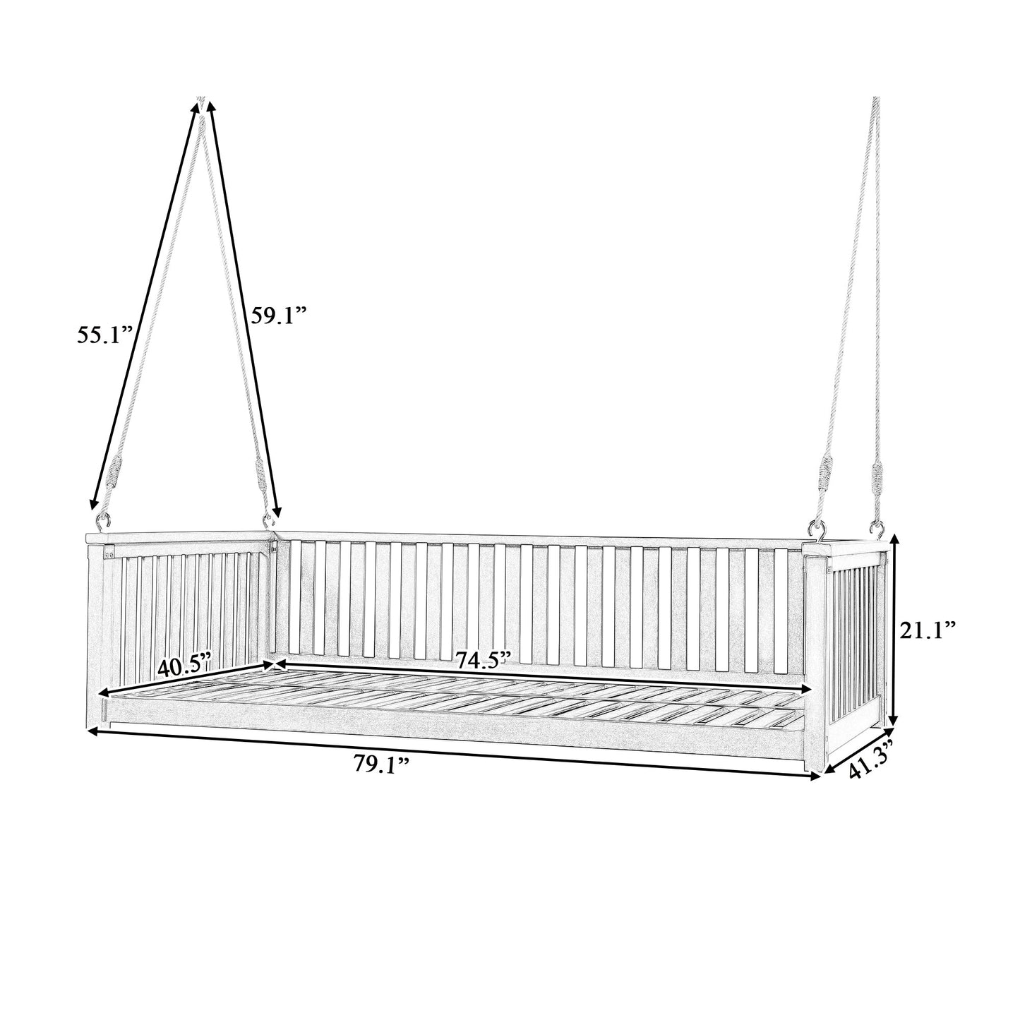 79-Inch Outdoor Acacia Wood Twin Swing Bed with Minimalist Rope Accents - Classic White