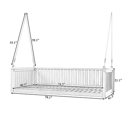 79-Inch Outdoor Acacia Wood Twin Swing Bed with Minimalist Rope Accents - Classic White
