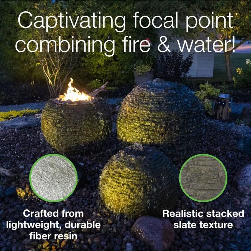 Fire and Water Stacked Slate Sphere – 32″ Dia (81 cm) - It comes equipped with the complete fire ignition system hardware. The water pump and the reservoir/basin are included.