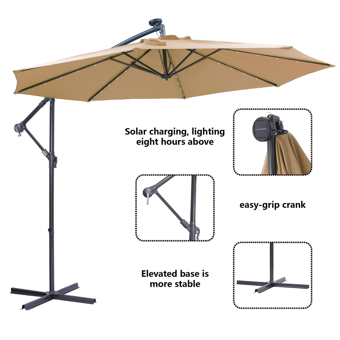 10ft Solar-Powered 32 LED Cantilever Offset Patio Umbrella with Cross Base - Taupe
