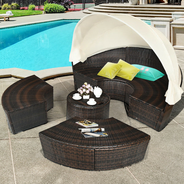 Direct Deals Outdoor Patio Round Rattan Daybed Set with Retractable Canopy & Adjustable Table