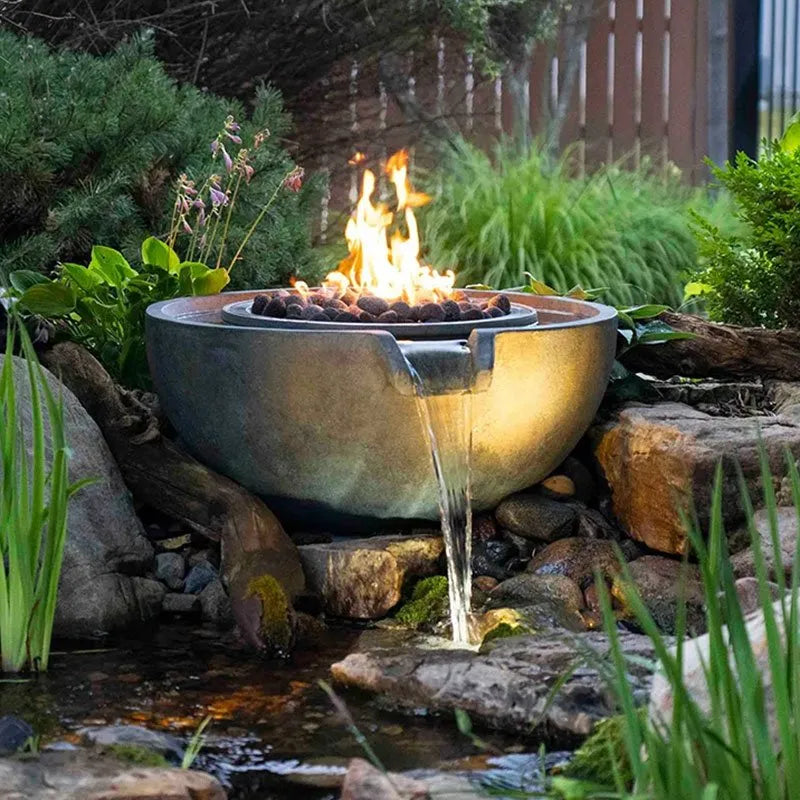 Fire and Water Spillway Bowl – 32″ Dia (81 cm) - comes complete with the full auto-ignite fire system. The water pump and sub-surface reservoir/basin included.