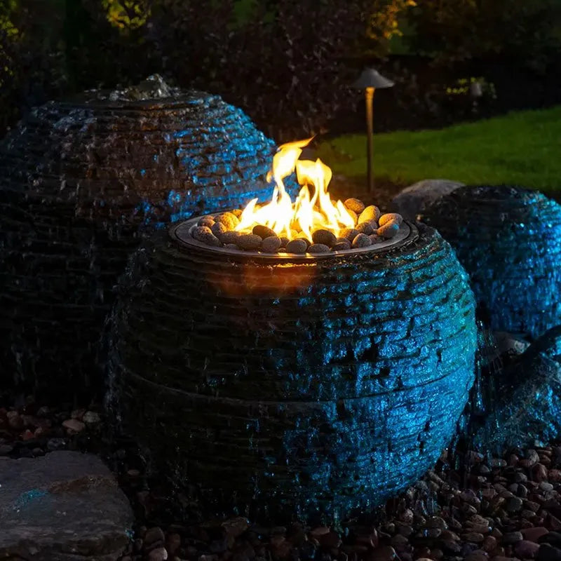 Fire and Water Stacked Slate Sphere – 32″ Dia (81 cm) - It comes equipped with the complete fire ignition system hardware. The water pump and the reservoir/basin are included.