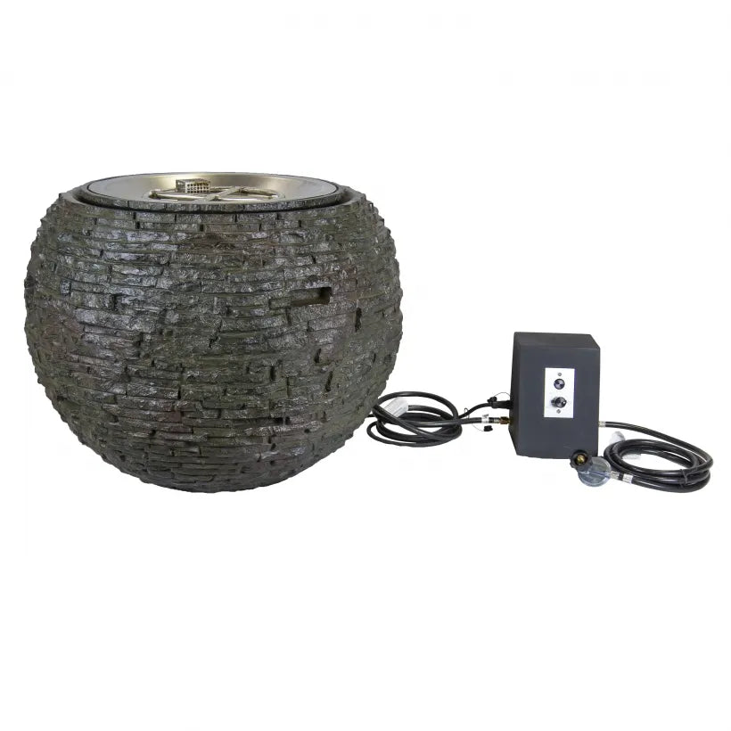 Fire and Water Stacked Slate Sphere – 32″ Dia (81 cm) - It comes equipped with the complete fire ignition system hardware. The water pump and the reservoir/basin are included.
