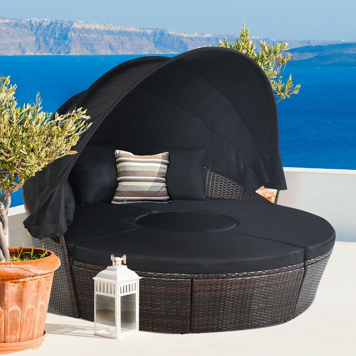 Patio Round Daybed Rattan Furniture Sets with Canopy
