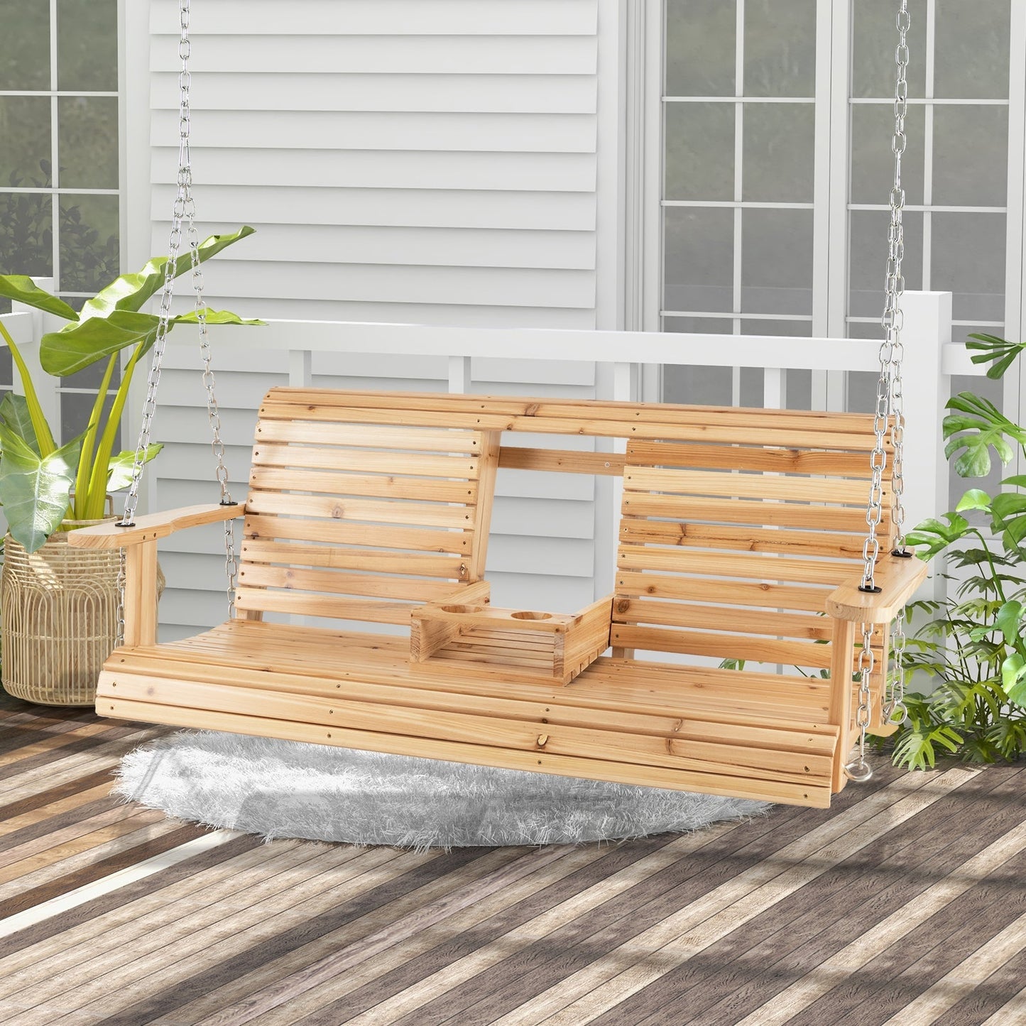 LJGDeals 5-Foot Wooden Porch Swing Chair with Adjustable Chains & Foldable Cup Holders