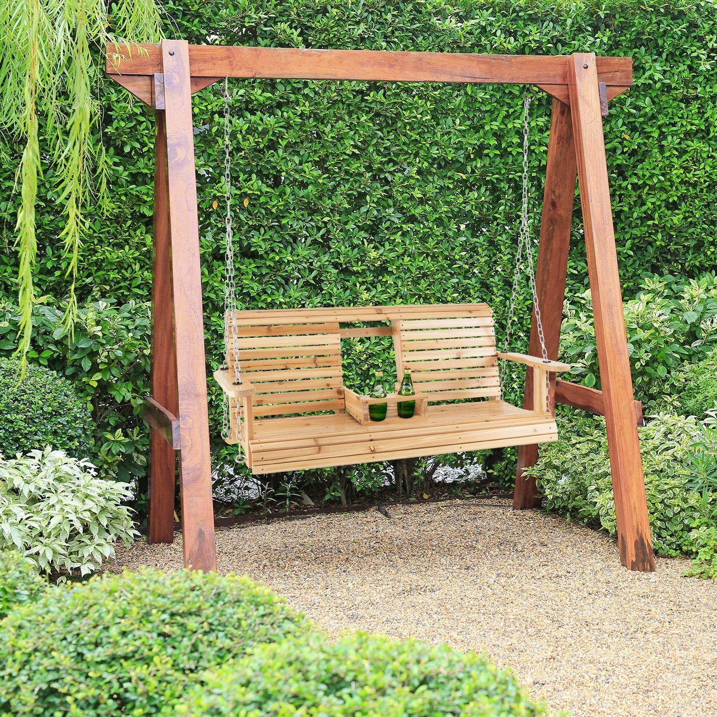 LJGDeals 5-Foot Wooden Porch Swing Chair with Adjustable Chains & Foldable Cup Holders