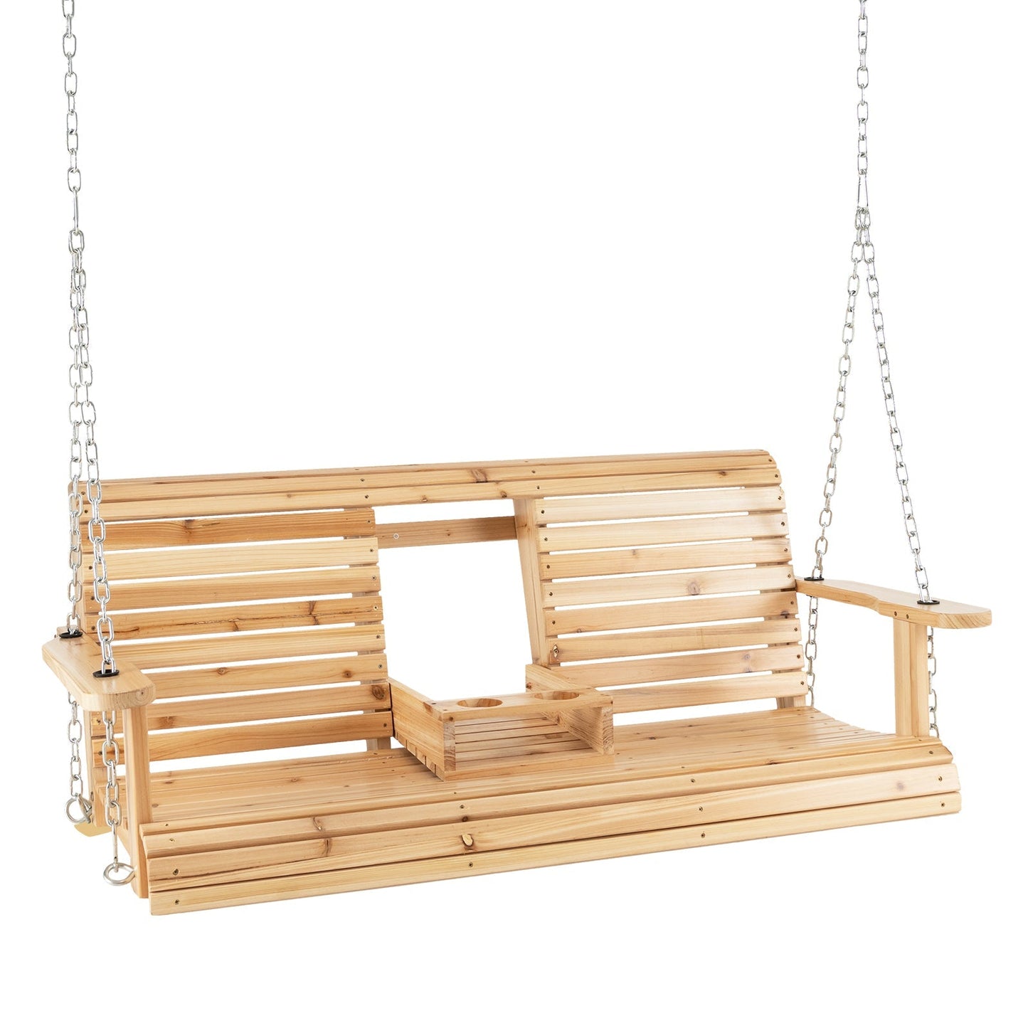 LJGDeals 5-Foot Wooden Porch Swing Chair with Adjustable Chains & Foldable Cup Holders