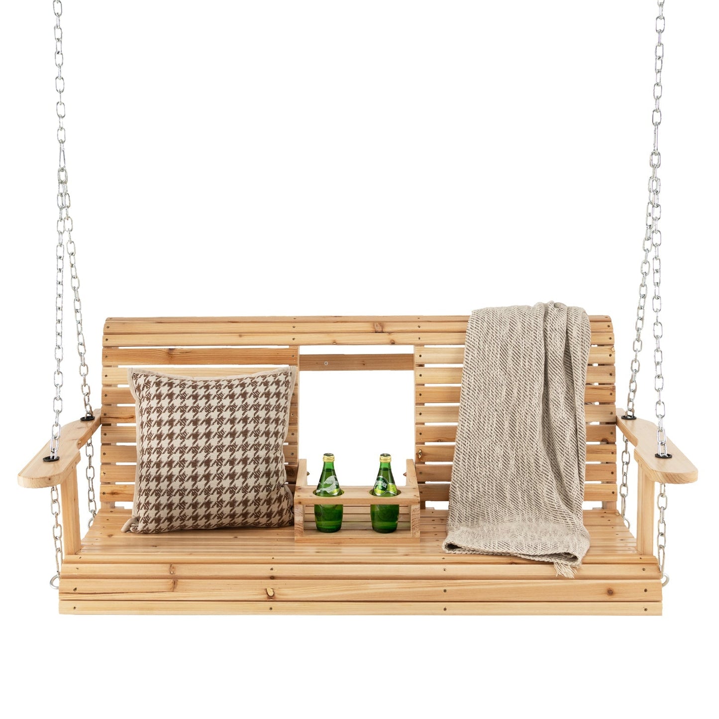 LJGDeals 5-Foot Wooden Porch Swing Chair with Adjustable Chains & Foldable Cup Holders
