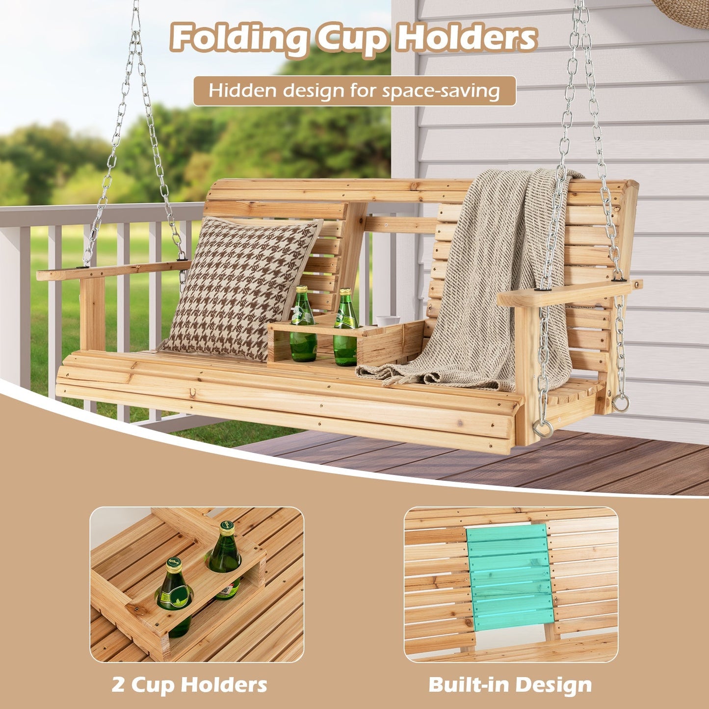 LJGDeals 5-Foot Wooden Porch Swing Chair with Adjustable Chains & Foldable Cup Holders