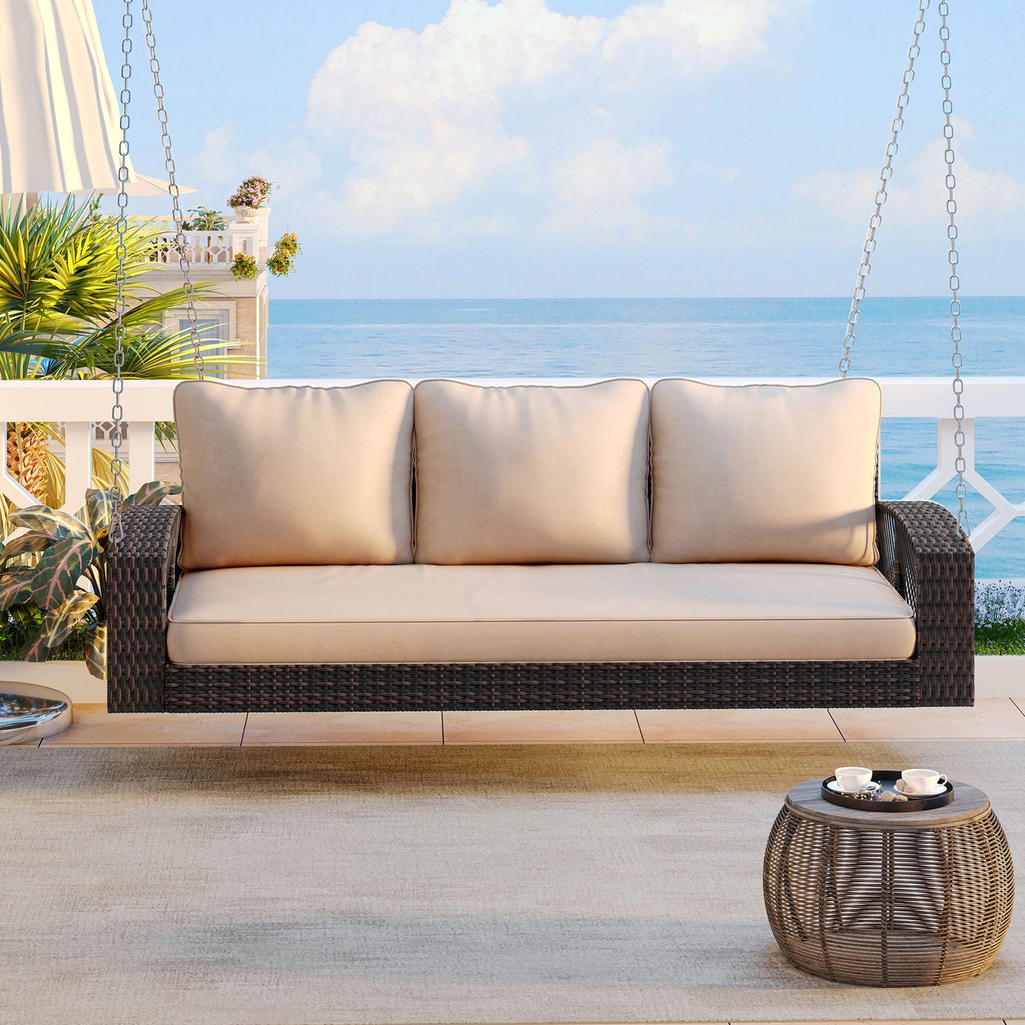 Unique Piece Furniture 3-Person Hand-Woven PE Rattan Patio Swing Bench with Cushions & Chains