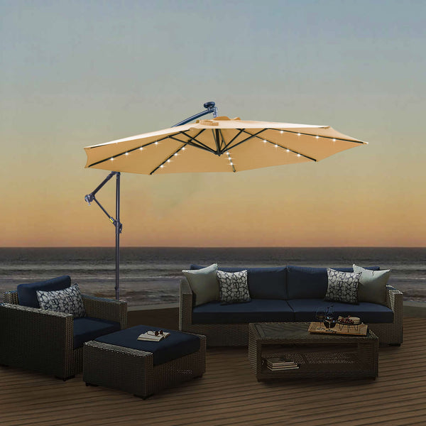 10ft Solar-Powered 32 LED Cantilever Offset Patio Umbrella with Cross Base - Taupe