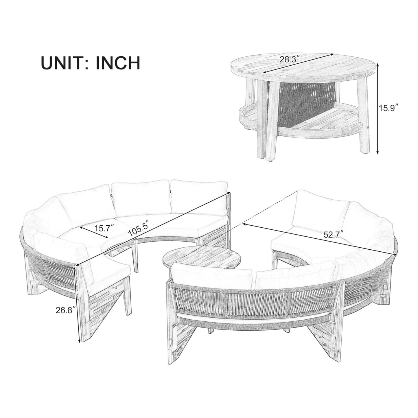 Alora 6-Person Half Moon Wood Patio Sectional Set