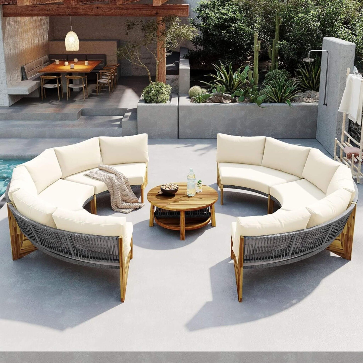 Alora 6-Person Half Moon Wood Patio Sectional Set