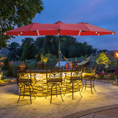 15ft x 9ft Extra-Large Double-Sided Solar LED Market Patio Umbrella with Cross Base