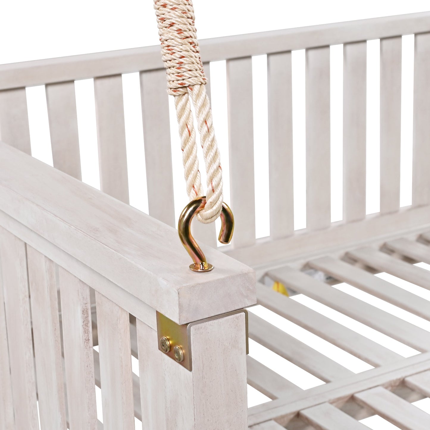 79-Inch Outdoor Acacia Wood Twin Swing Bed with Minimalist Rope Accents - Classic White