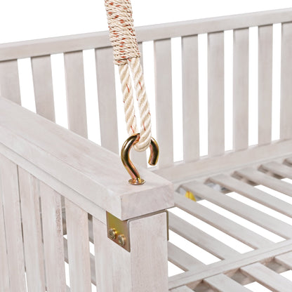 79-Inch Outdoor Acacia Wood Twin Swing Bed with Minimalist Rope Accents - Classic White