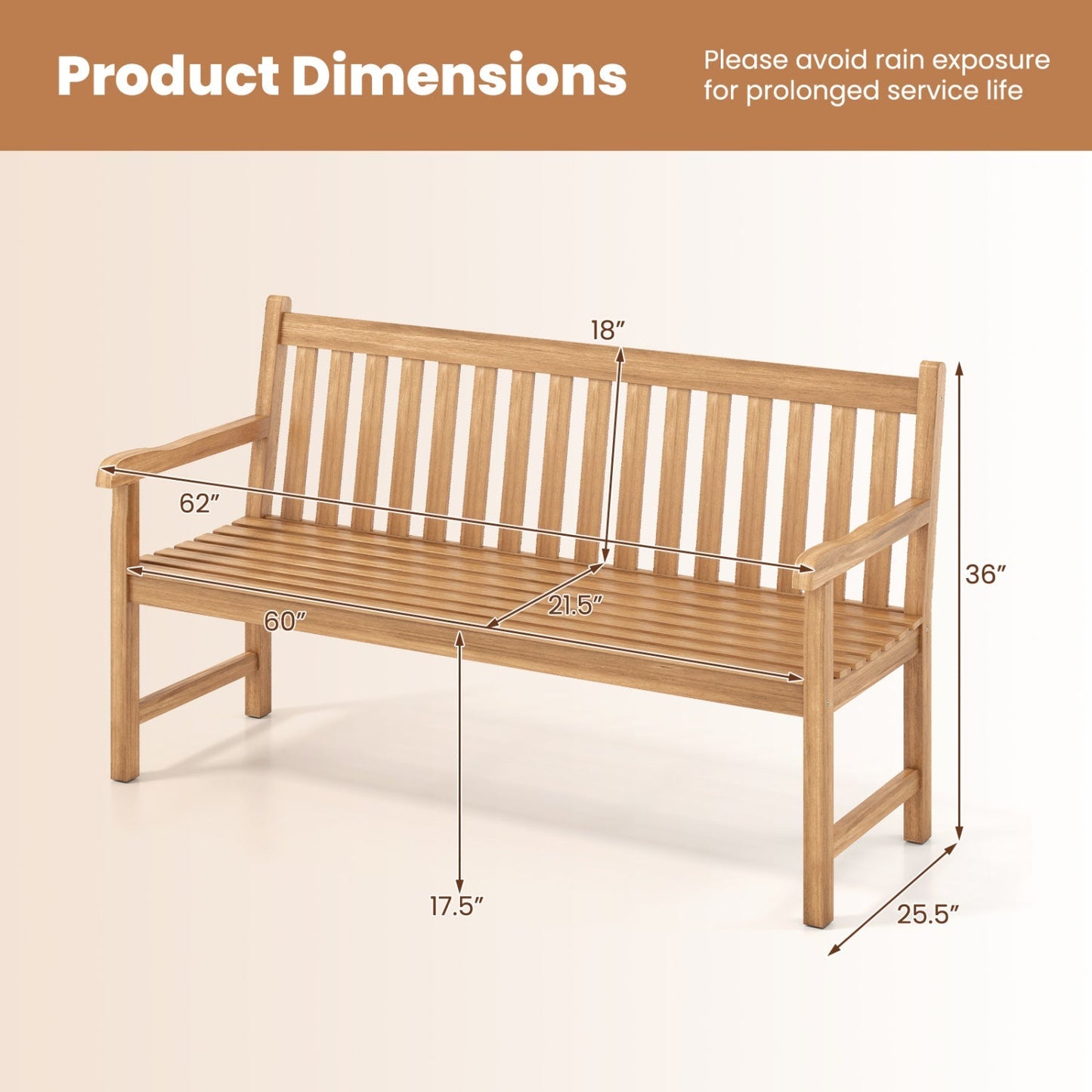 62-Inch Teak Wood Outdoor Garden Bench