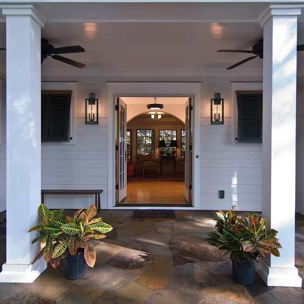 2-Light 20.25 In. Black Dusk to Dawn Outdoor Hardwired Wall Lantern Sconce with Clear Tempered Glass, No Bulbs Included