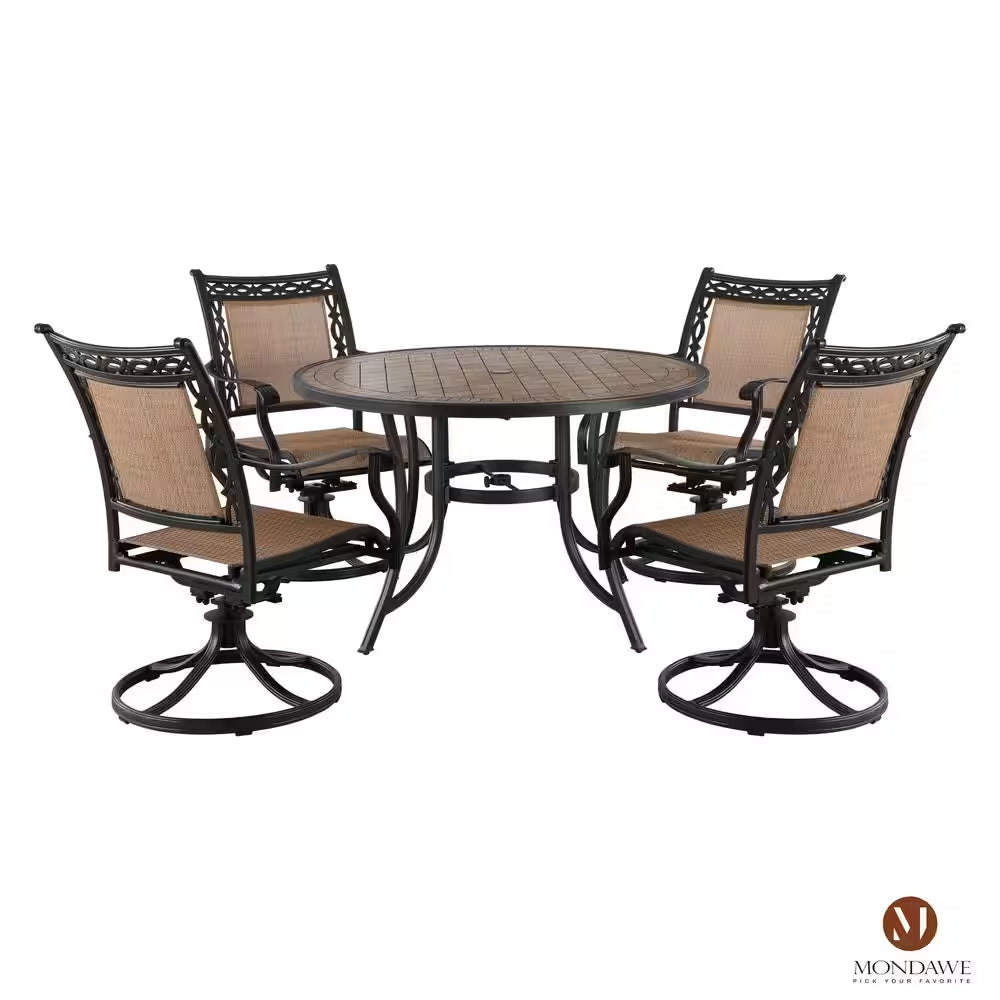 Classic 5-Piece Cast Aluminum Outdoor Dining Set with Swivel Sling Chairs & Ceramic Tile Top Table