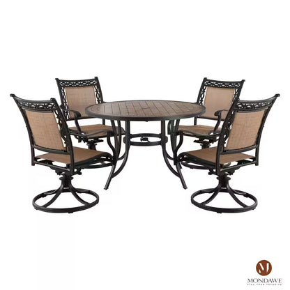 Classic 5-Piece Cast Aluminum Outdoor Dining Set with Swivel Sling Chairs & Ceramic Tile Top Table