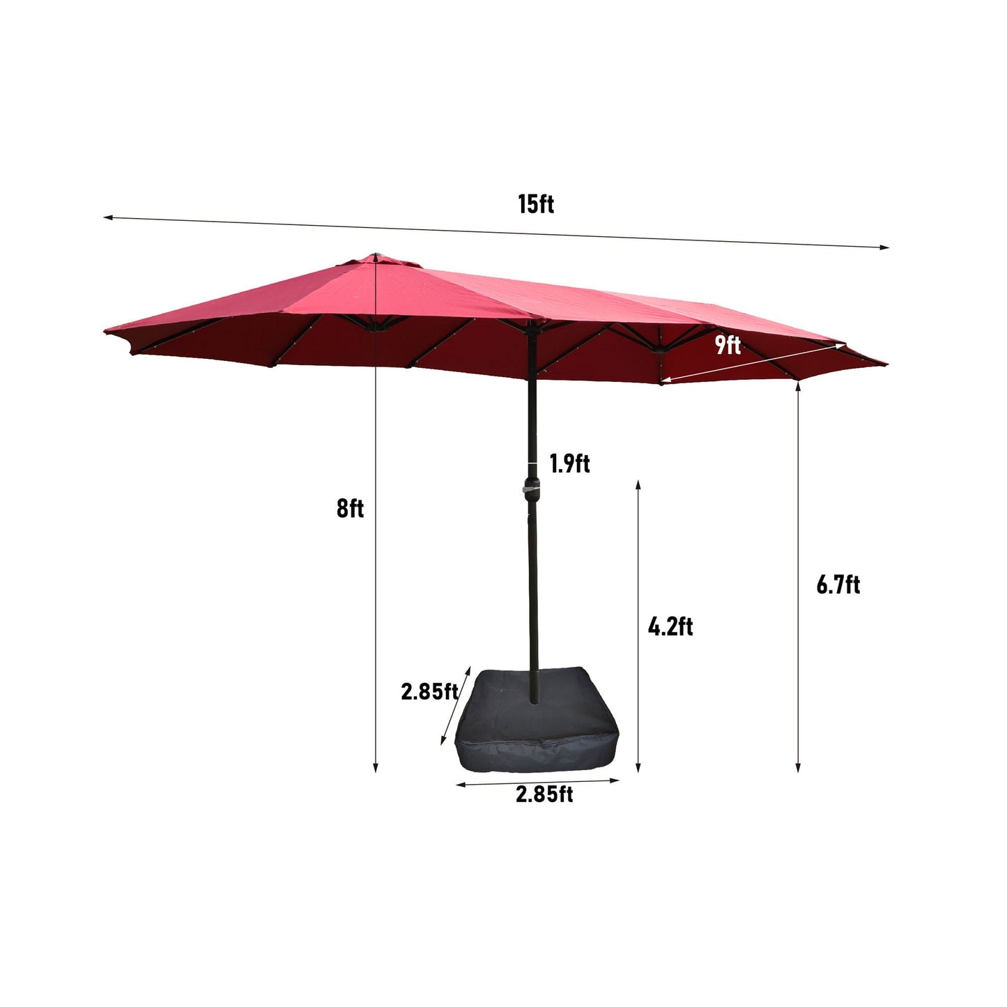 15ft x 9ft Extra-Large Double-Sided Solar LED Market Patio Umbrella with Cross Base