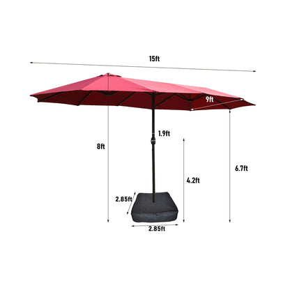 15ft x 9ft Extra-Large Double-Sided Solar LED Market Patio Umbrella with Cross Base