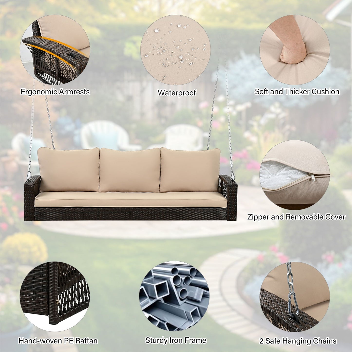 Unique Piece Furniture 3-Person Hand-Woven PE Rattan Patio Swing Bench with Cushions & Chains