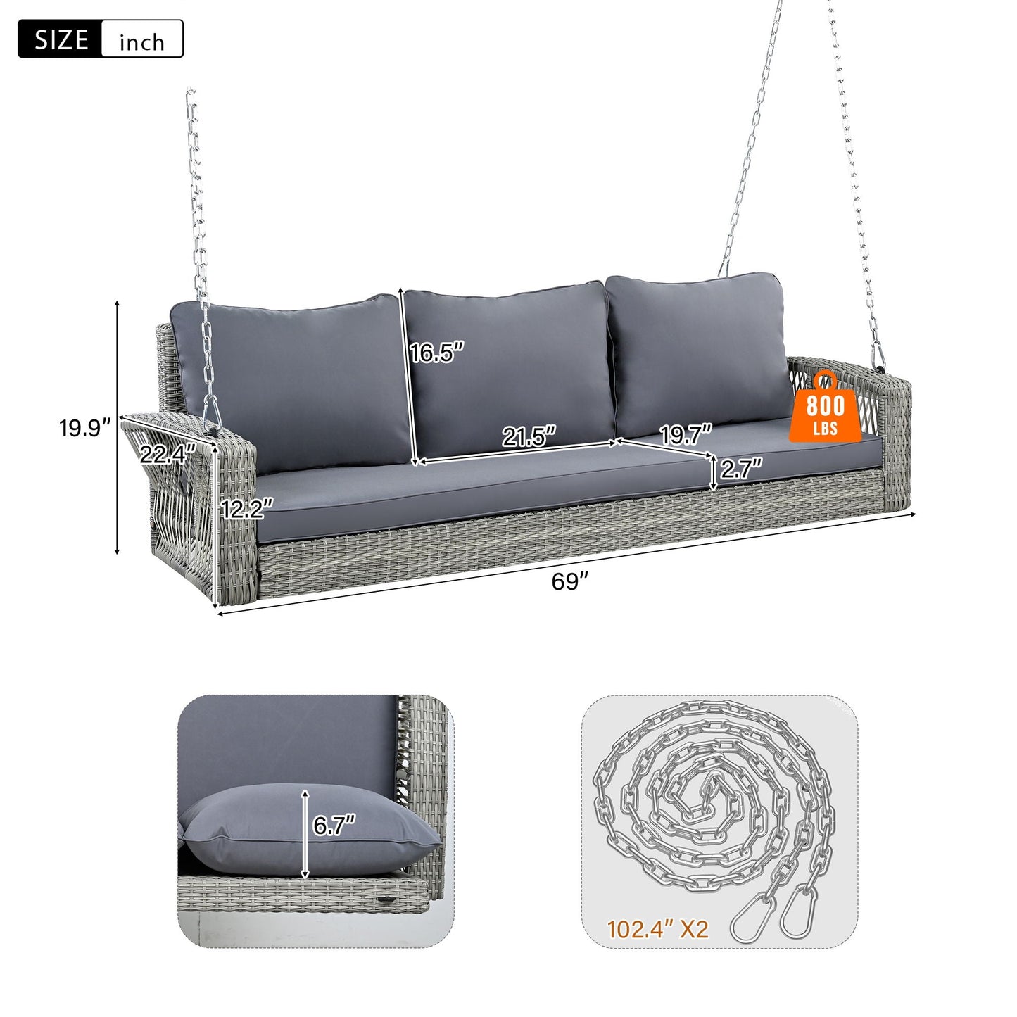 Unique Piece Furniture 3-Person Hand-Woven PE Rattan Patio Swing Bench with Cushions & Chains