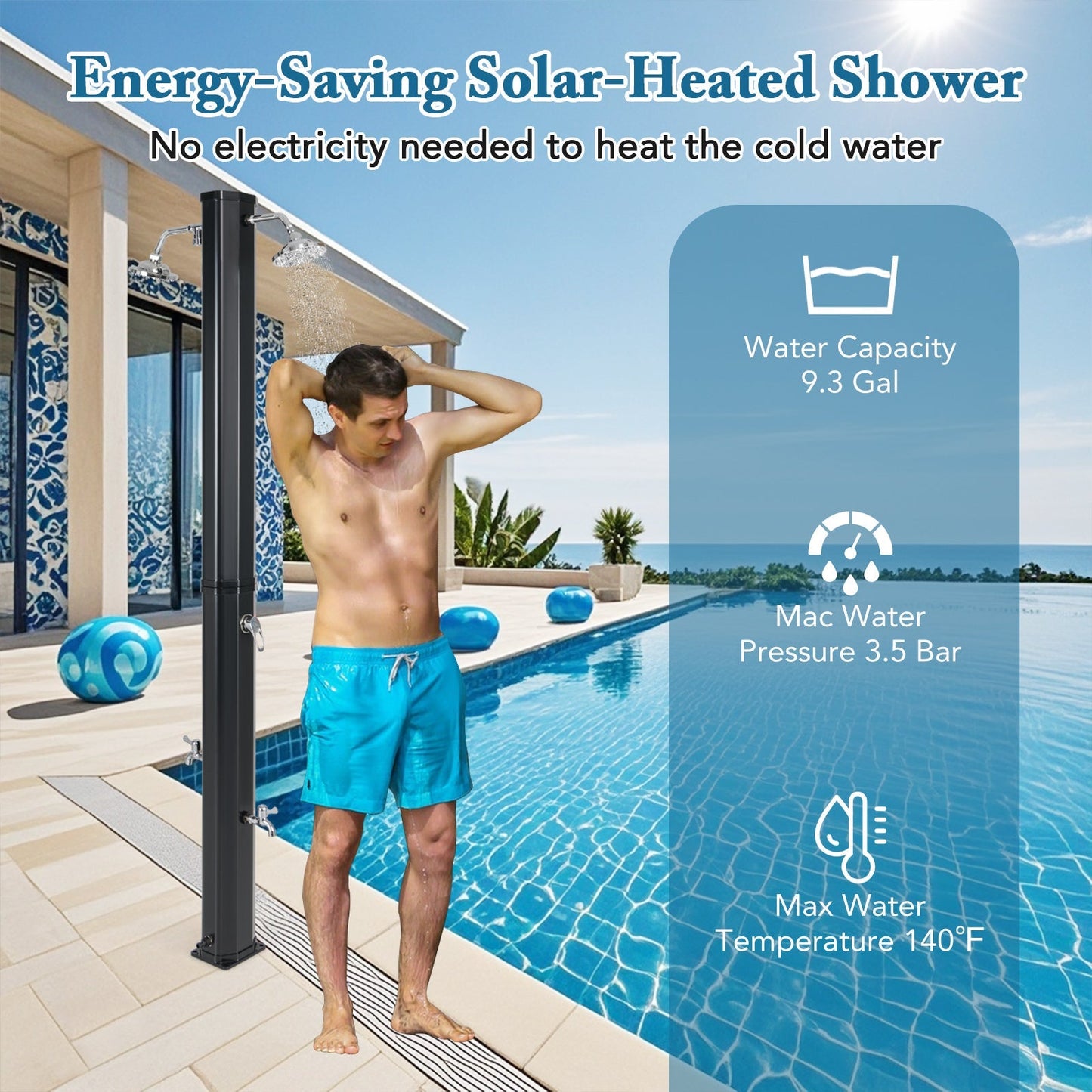 9.3-Gallon Solar Heated Outdoor Shower with Dual Swivel Heads & Foot Wash (Black)