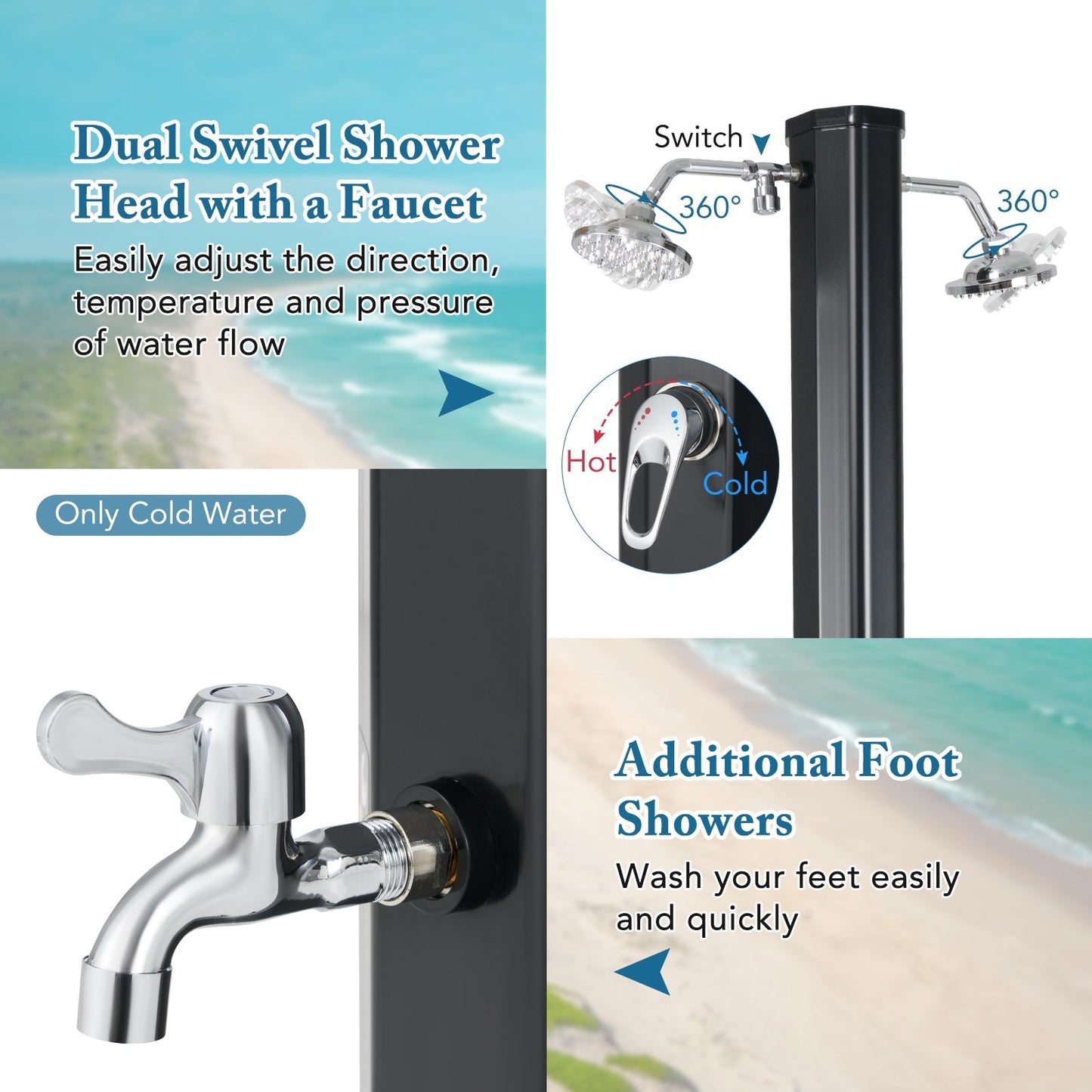 9.3-Gallon Solar Heated Outdoor Shower with Dual Swivel Heads & Foot Wash (Black)