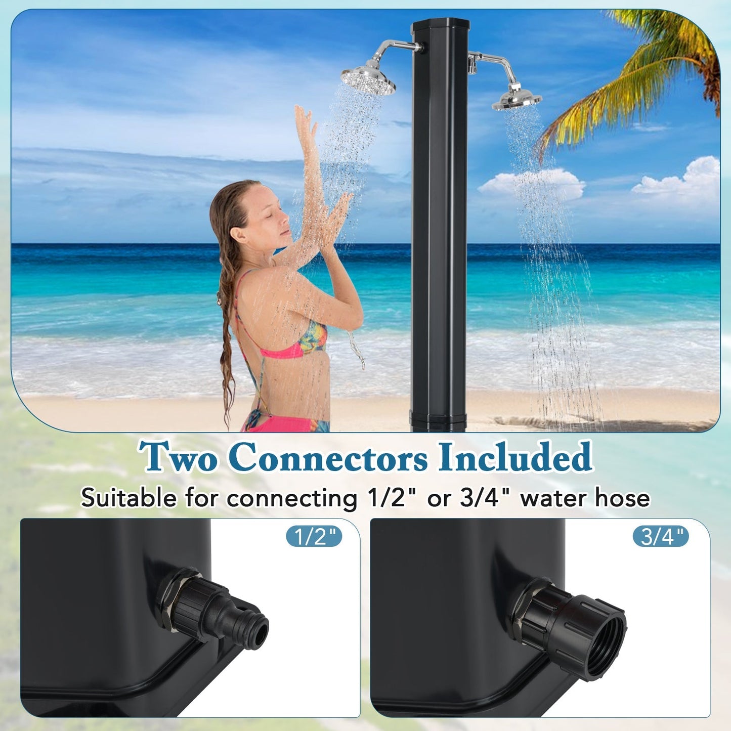 9.3-Gallon Solar Heated Outdoor Shower with Dual Swivel Heads & Foot Wash (Black)