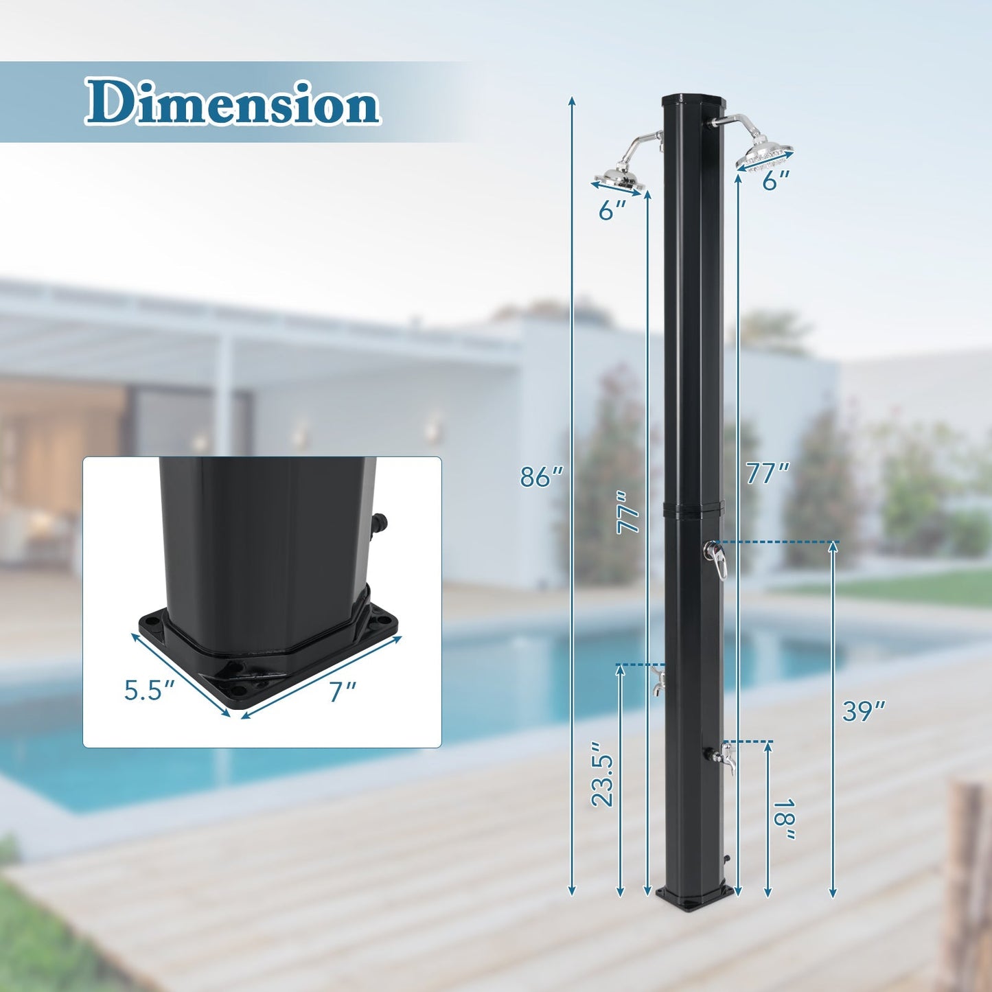 9.3-Gallon Solar Heated Outdoor Shower with Dual Swivel Heads & Foot Wash (Black)