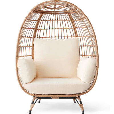 Wicker Egg Chair Oversized Indoor Outdoor Patio Lounger W/ Steel Frame - Ivory