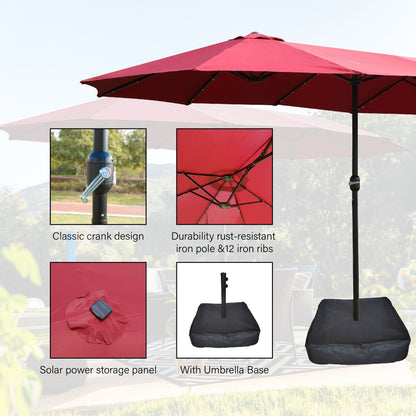 15ft x 9ft Extra-Large Double-Sided Solar LED Market Patio Umbrella with Cross Base