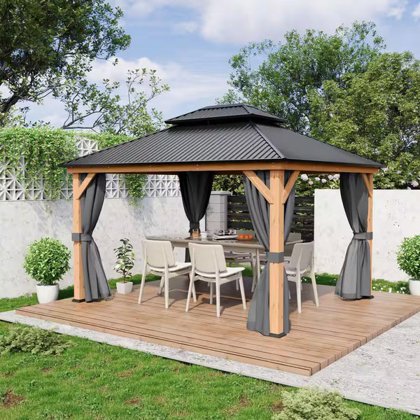 11 Ft. X 13 Ft. Double Roof Hardtop Wooden Patio Gazebo