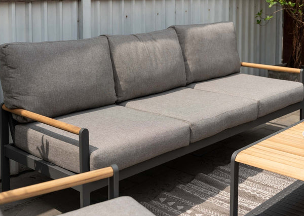 Amber Teak and Sanded Grey Aluminum 3-Seater Outdoor Sofa with Olefin Cushions