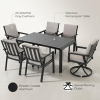 Black 7-Piece Aluminum Outdoor Dining Set with Gray Cushion — Lifestyle