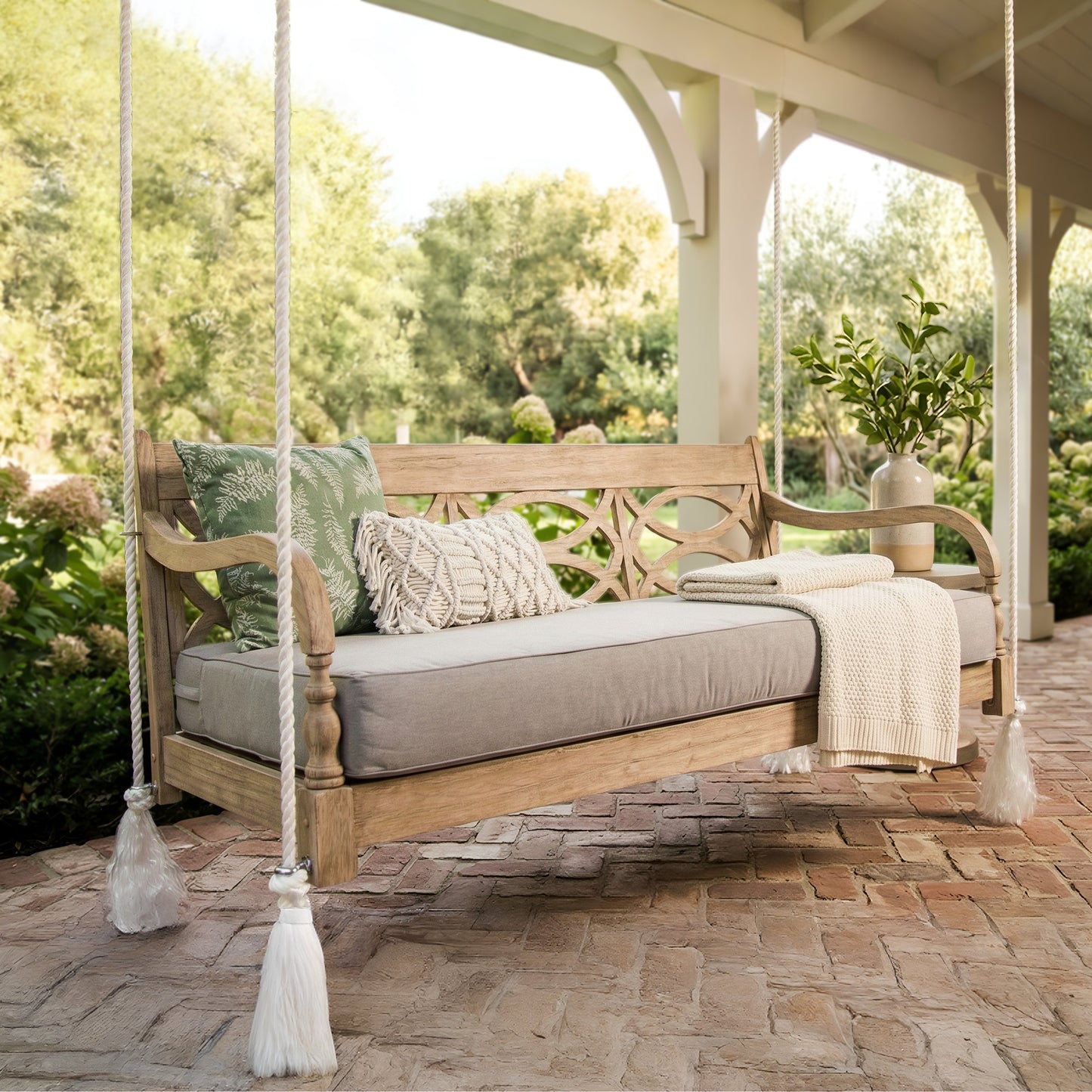 Renley Wood Outdoor Porch Swing Daybed with Cushion