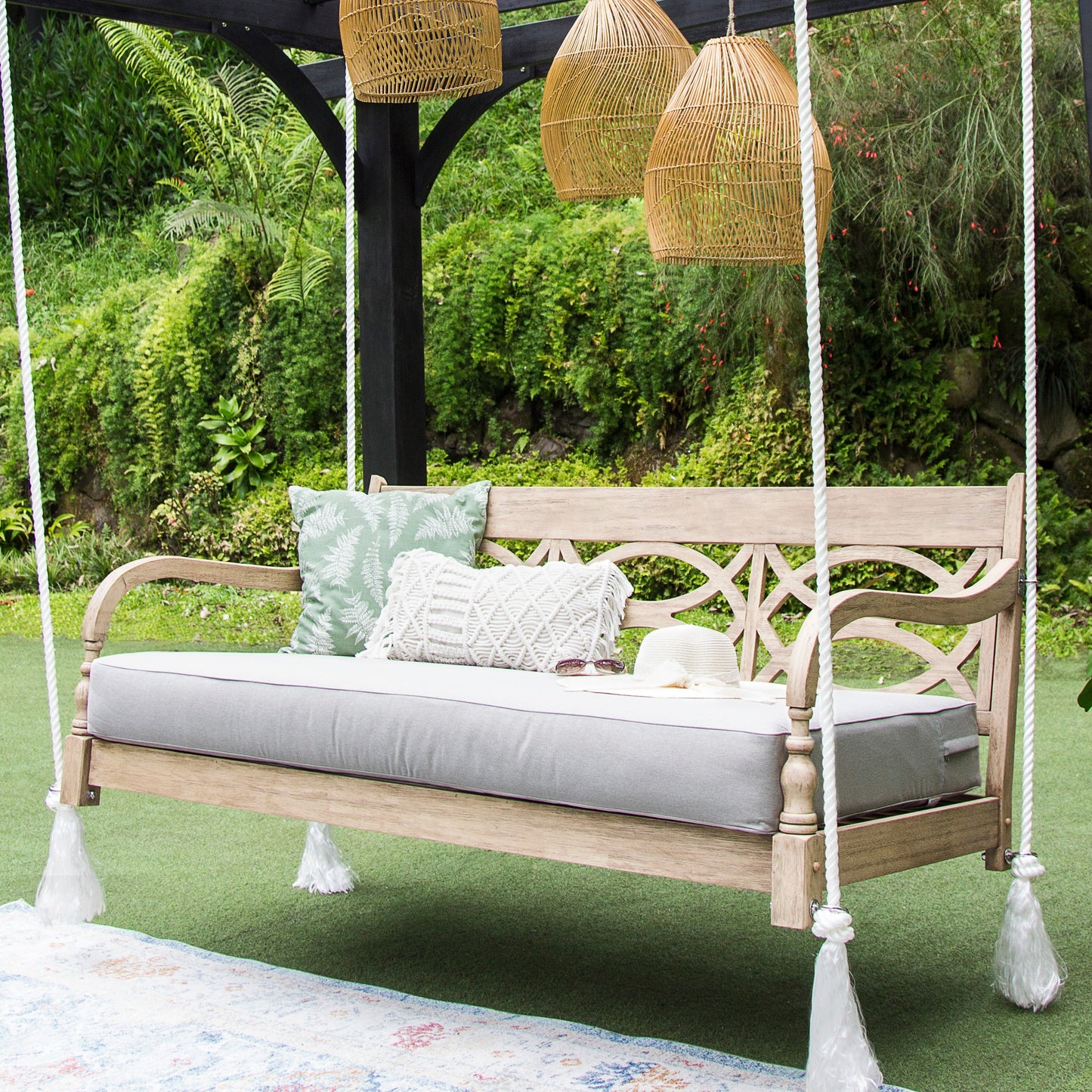 Renley Wood Outdoor Porch Swing Daybed with Cushion