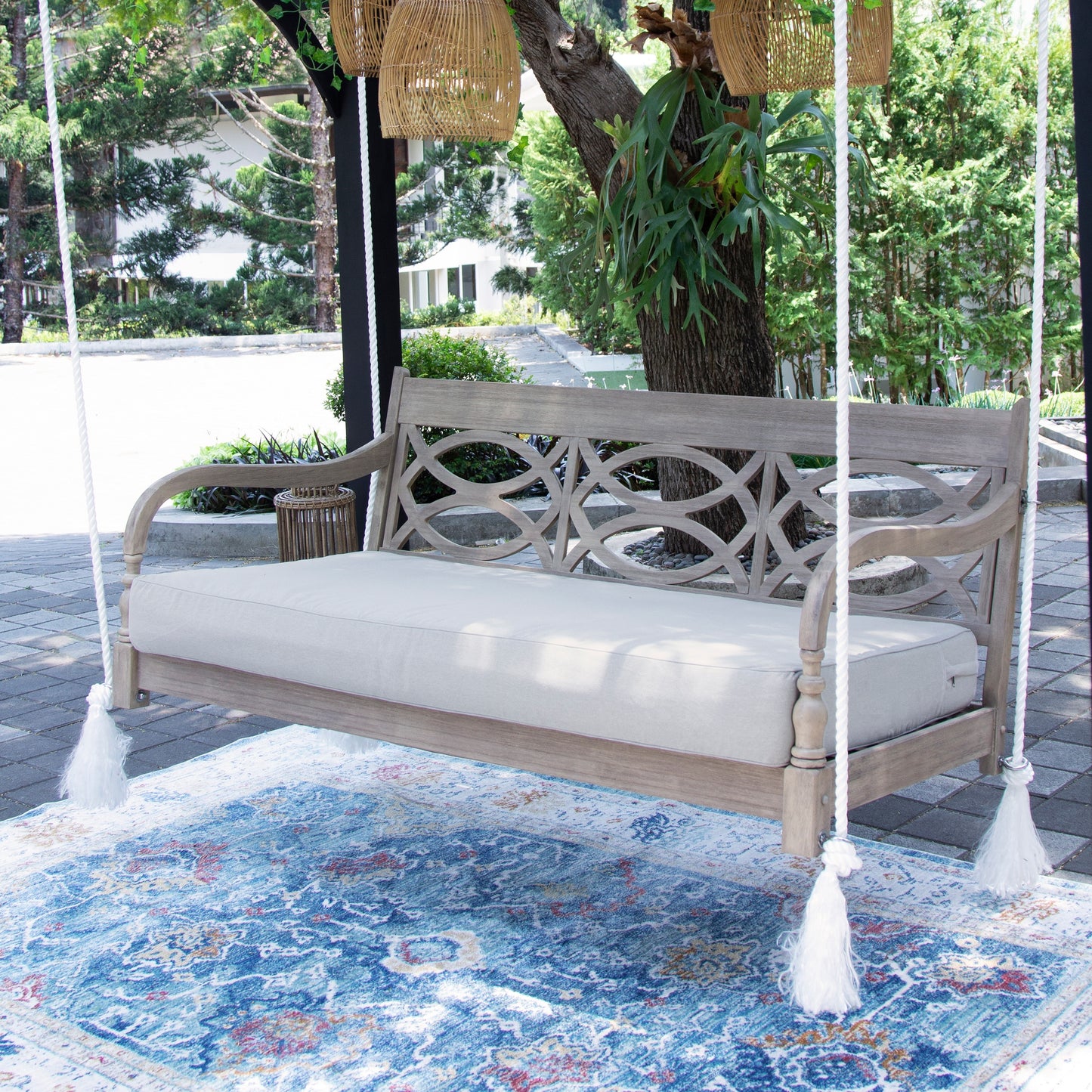 Renley Wood Outdoor Porch Swing Daybed with Cushion