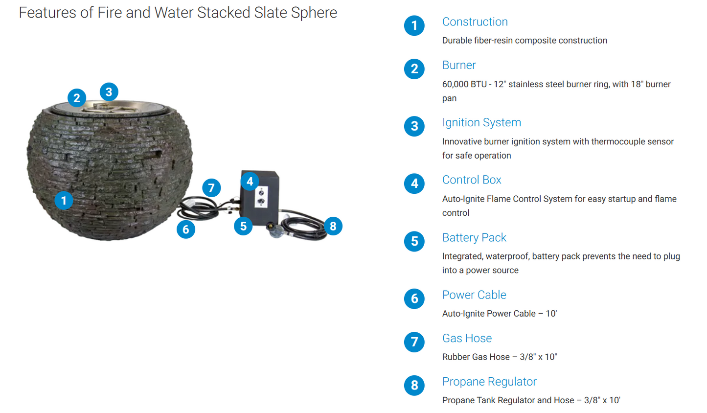 Fire and Water Stacked Slate Sphere – 32″ Dia (81 cm) - It comes equipped with the complete fire ignition system hardware. The water pump and the reservoir/basin are included.