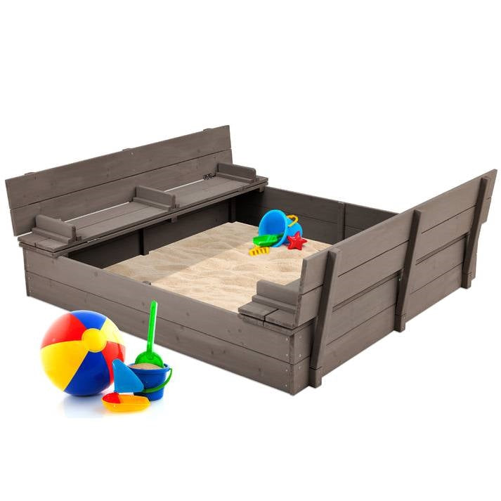 HomePacific Sturdy Cedar Wood Kids Outdoor Sandbox with Convertible Bench Seating (Grey Finish)