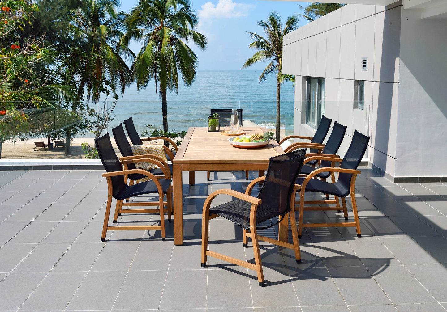 LifestyleGarden US Rinjani Teak Rectangular Table and 8 Manhattan Black Armchairs Set