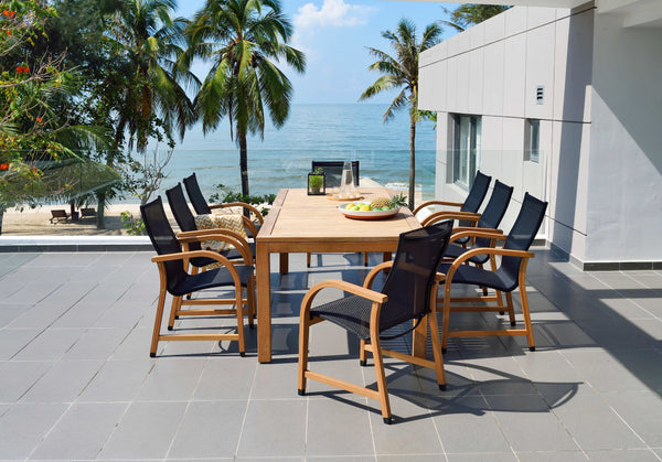 LifestyleGarden US Rinjani Teak Rectangular Table and 8 Manhattan Black Armchairs Set