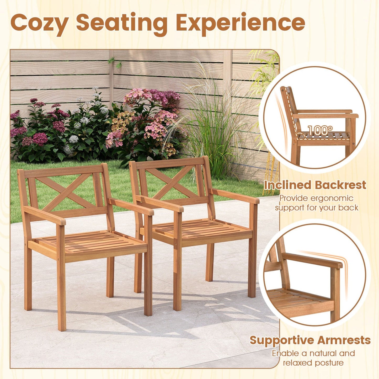 Outdoor Acacia Wood Patio Dining Chairs (Set Options Available)