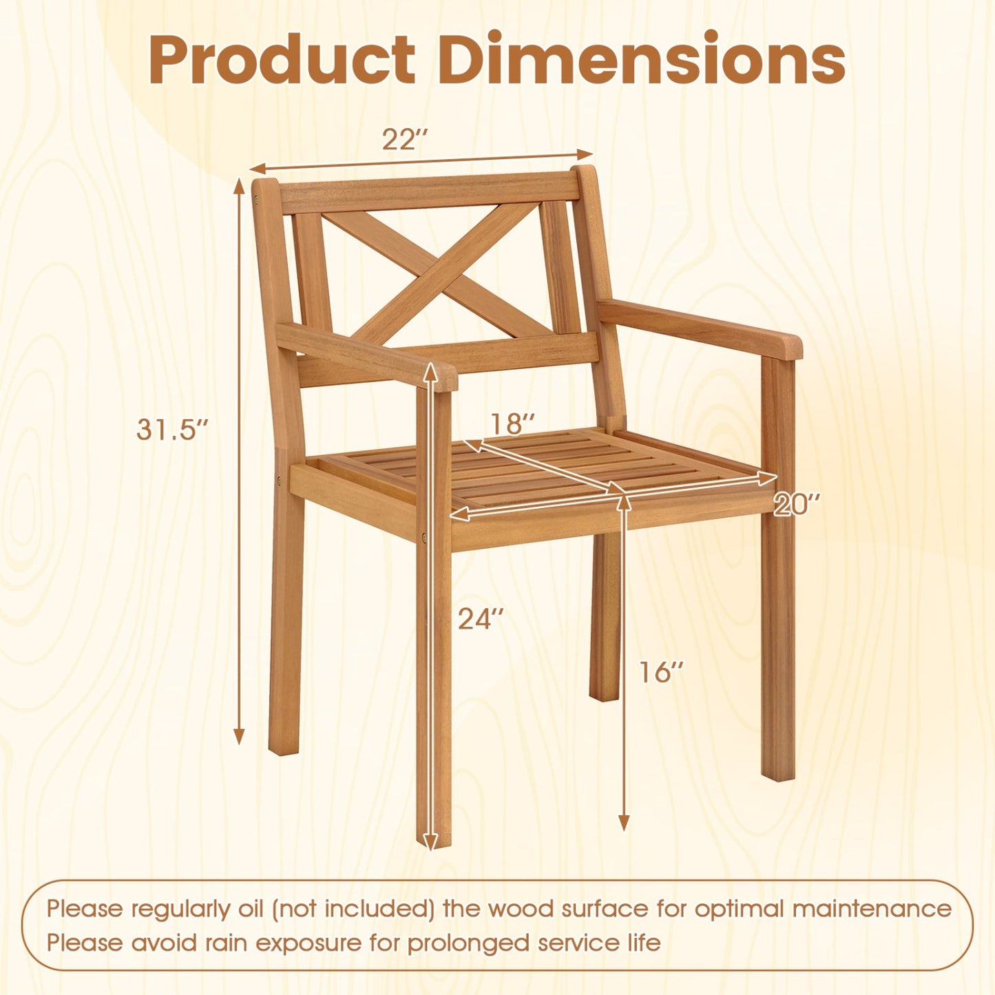 Outdoor Acacia Wood Patio Dining Chairs (Set Options Available)