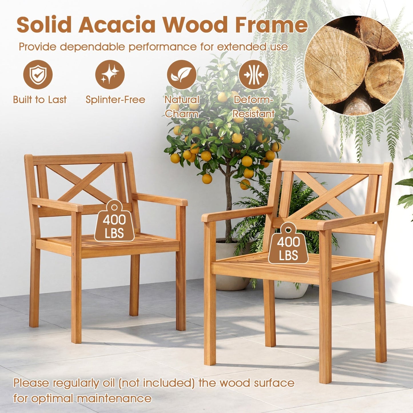 Outdoor Acacia Wood Patio Dining Chairs (Set Options Available)